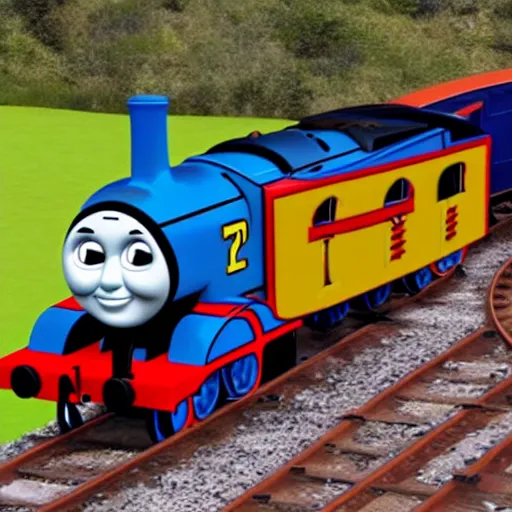 Prompt: thomas the tank engine t-posing over a bridge