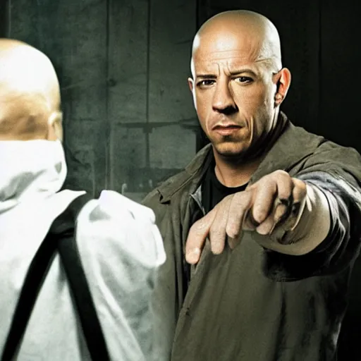 Image similar to film still of vin diesel as walter white selling meth in Breaking Bad