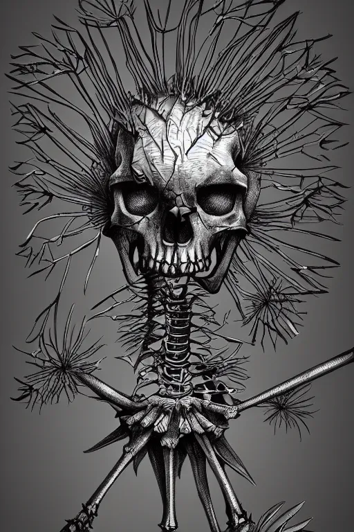 Image similar to a dandelion skeleton hybrid monster, highly detailed, digital art, sharp focus, trending on art station, plant, anime art style