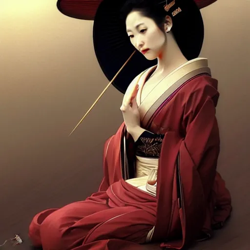 Image similar to gorgeous japanese geisha, full body, intricate, elegant, highly detailed, artstation, concept art, smooth, sharp focus, illustration, art by and greg rutkowski and orientalism and bouguereau