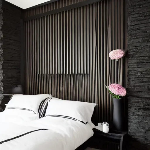 Prompt: bedroom, stone, interior design, stylish luxury hotel bedroom design, yakisugi, black vertical slatted timber, textures, feminine, black walls, art, vase with flowers, Japanese influences