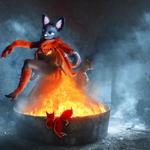 Image similar to the burning pits of hell and the tortured souls are dressed as furries, 4 k, hyper realistic, dslr, high resolution, landscape, beautiful