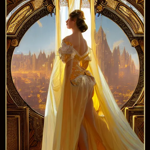 Prompt: kneeling before a condescending queen, royal gown, golden detailing, medium shot, intricate, elegant, highly detailed, digital painting, volumetric light, artstation, concept art, smooth, sharp focus, illustration, art by Gil Elvgren and Greg Rutkowski and Alphonse Mucha, 8K