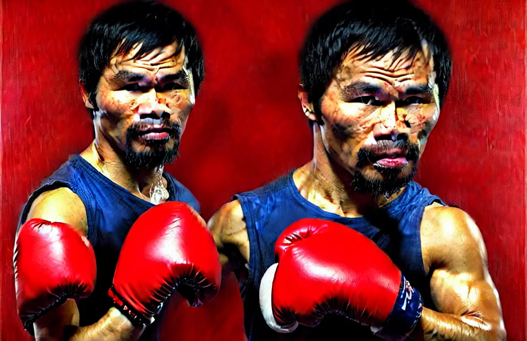 Image similar to portrait of manny pacquiao with red boxing gloves!!!!!!!!!!!!!!!!!!!!!!!!!!!, detailed face, detailed painting, epic lighting, by ilya repin, phil hale and kent williams