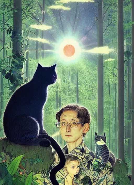 Image similar to a hyper realistic ink cat and the meaning of life and sunbeams blue sky, lush forest poster art by chiara bautista and kim jung giu and norman rockwell and greg rutkowski weta studio, and lucasfilm