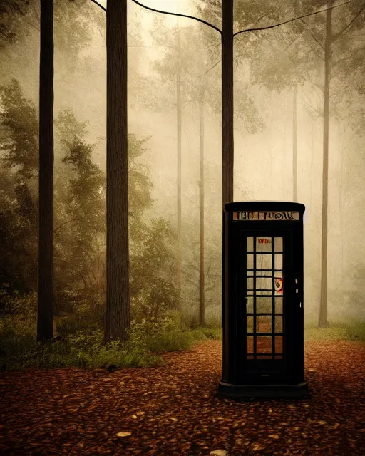 Image similar to american phone booth with antenna in the woods, hyper realism, cinematic, volumetric lighting, octane render, unreal engine, 8 k, concept art, digital art, deviantart artstation,