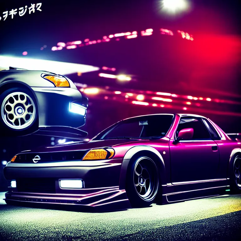Prompt: close-up-photo Nissan 2000GTS turbo illegal roadside night meet, work-wheels, Shibuya Shibuya, cinematic colors, photorealistic, highly detailed, night photography