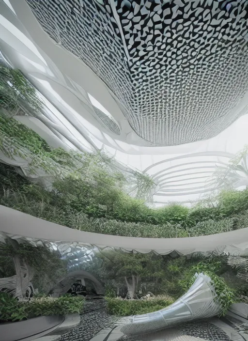 Prompt: a photo of a futuristic biomimicry oasis interior + the interior is elegant and made of a biomimicry nature with ornate patterns + photo taken on a misty morning + architectural photography, 8K, photorealistic