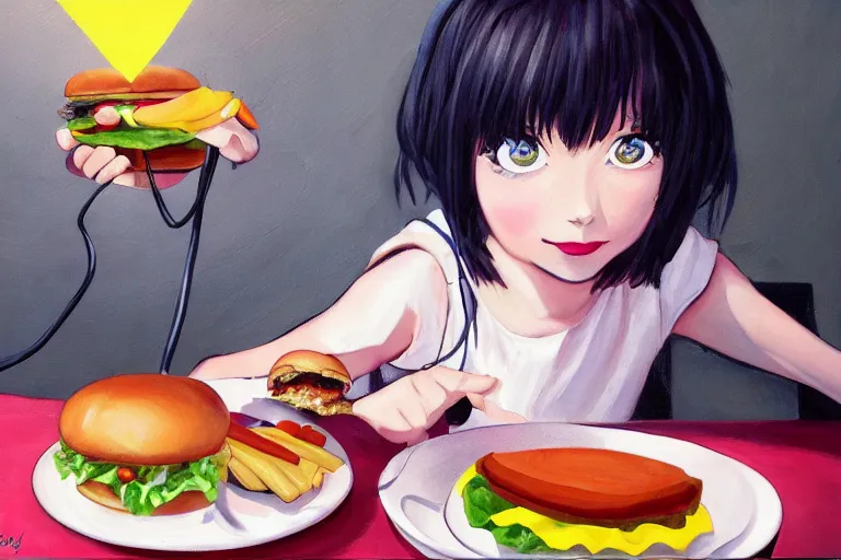 Prompt: painting of girl eating a hamburger, anime, cluttered, electronics, wire, dark lighting