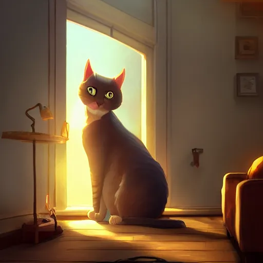 Prompt: a cat exists next to a man in a room. animal. digital art. artstation. realistic. vibrant. illustration. in the style of pixar movie. octane render. art by makoto shinkai, stanley artgerm lau, wlop, rossdraws. volumetric lighting.