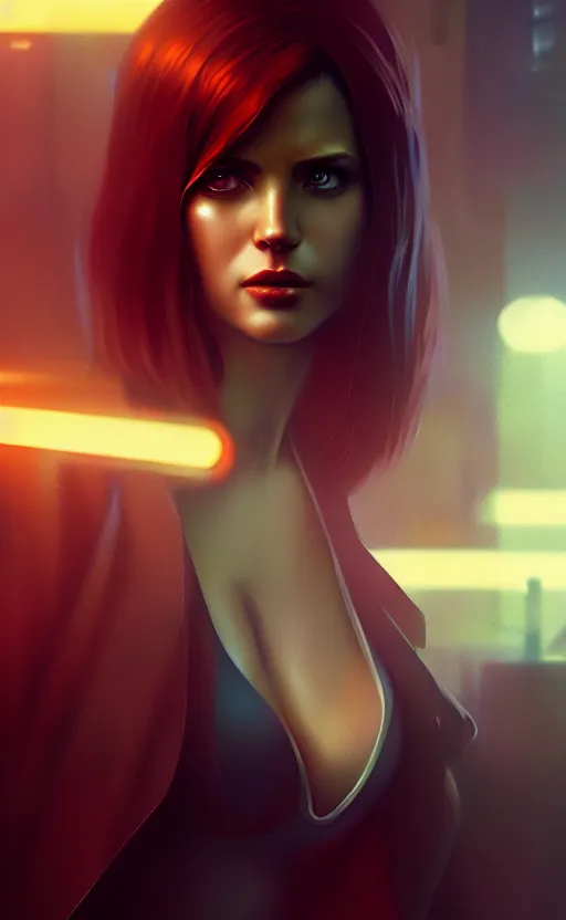 Image similar to hyper - realistic, digital matte painting of an attractive auburn haired femme fatale woman, blade runner environment, cinematic lighting, 4 k textures, sharp focus, by greg rutkowski, by ilya kuvshinov, by eric - anthony johnson