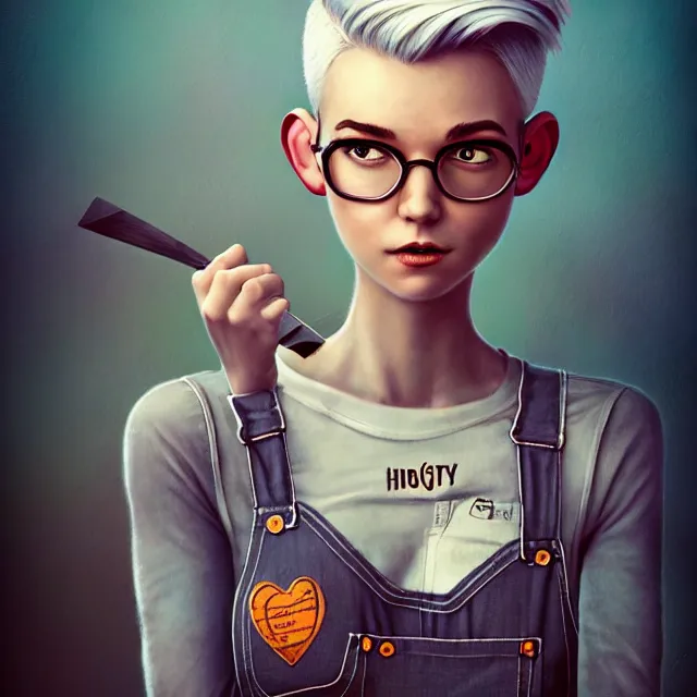 Image similar to full body pose, beautiful adult book fairy, pixar, short white hair shaved sides, dirty, grungy, grunge, long sleeve, painted overalls, stacks of giant books, highly detailed, 4 k, hdr, smooth, sharp focus, high resolution, award - winning photo, artgerm, photorealistic