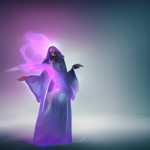 Image similar to luminescent purple wizard, female, dark background, volumetric fog, 4K