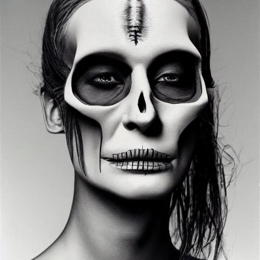 Prompt: portrait photo of a woman with a 3D skull instead of a head, cinematic, photography by Helmut Newton, 4K