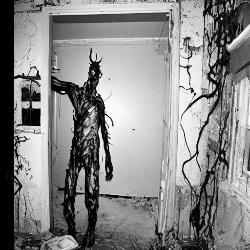 Image similar to 1 9 9 3, disposable camera, flash, old abandoned house, mutant creature standing, meat, ooze, slime, veins, wet