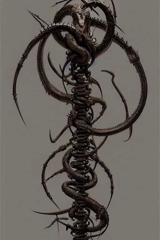 Prompt: masterpiece, infernal caduceus serpent staff, doom, elegant majestic, art by h. r. giger, greg rutkowski, josan gonzalez, alexey egorov, biomechanical, alchemy, monogram