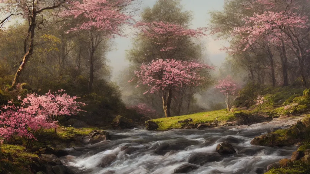 Image similar to A beautiful landscape oil painting of a hill with trees, the spring has arrived and the trees are blooming and covered with colorful flowers, the river is zigzagging and flowing in its way, the river has lots of dark grey rocks, by Greg Rutkowski