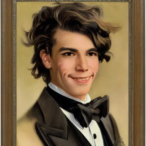 Prompt: a Latino young man with long shaggy brown hair, sly eyes, and a mischievous smile wearing a tuxedo and e-boy chains. WLOP, JC Leyendecker