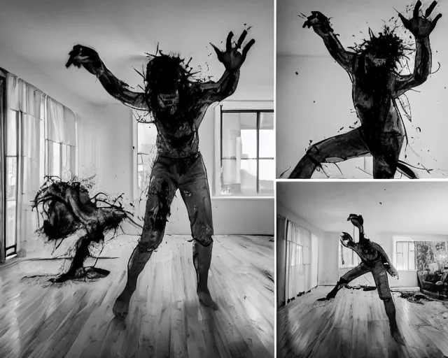 Image similar to transparent horror spirit attacks in living room interior photos shot on iphone, dynamic fight pose, full body shot, sharp focus, grainy, corpse, paranormal flashlight,