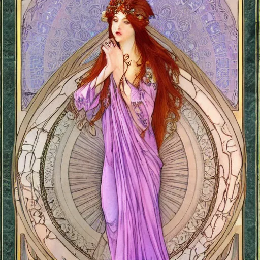 Image similar to beautiful ishtar goddess in long flowy dress, porcelain skin by rebecca guay and mucha, artstation, hq, hires, hd