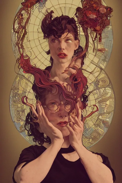 Prompt: portrait of crazy lady scientist, biology, flesh, chemistry, illustration by silvio camboni, alphonse mucha, feng zhu, yoshitaka amano, katsuhiro otomo, victo ngai, brom, jeffrey catherine jones pose, concept art, octane, unreal 5, artstation