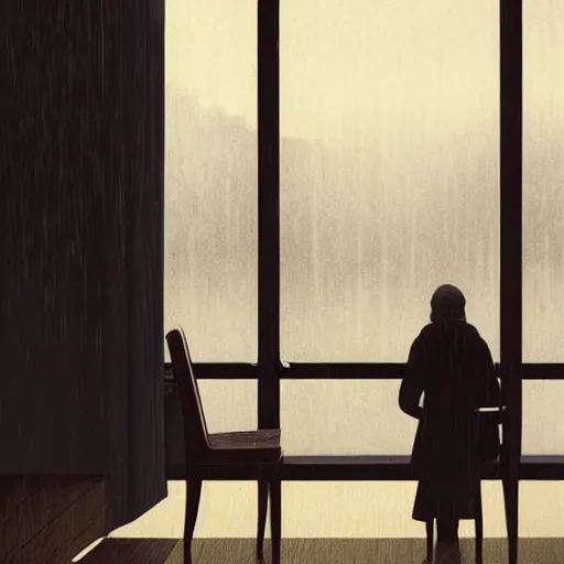 Image similar to on a rainy day, the girl sits in a clean high - end coffee shop and looks out the window, illustration, concept art, elegant, smooth, serene landscape, lonely, sad, caspar david friedrich, beeple