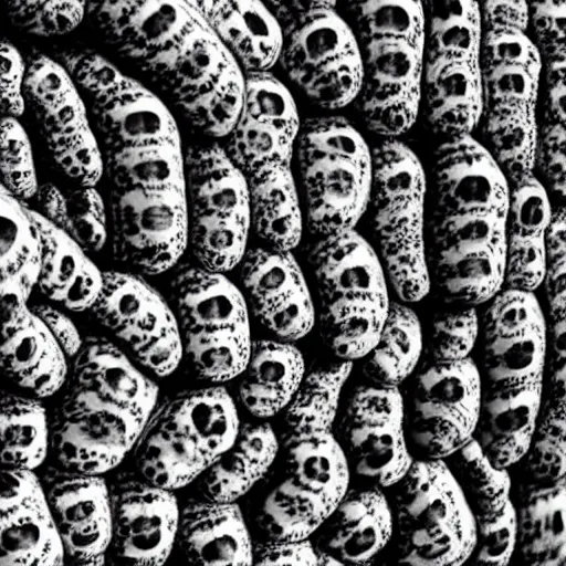 Prompt: caterpillar made of skulls, black and white photo