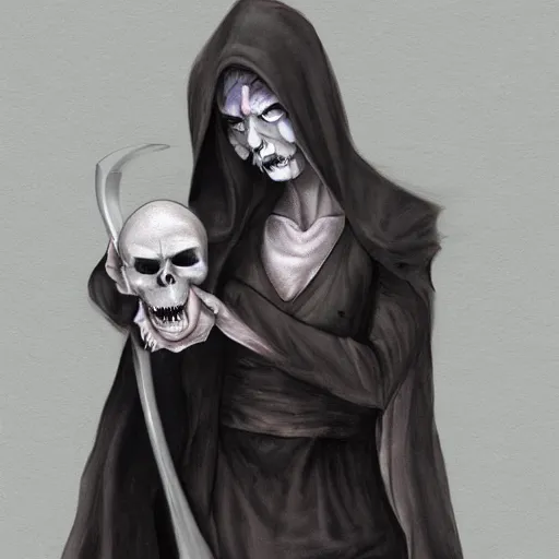 Prompt: female grim reaper holding a broken skull, concept art