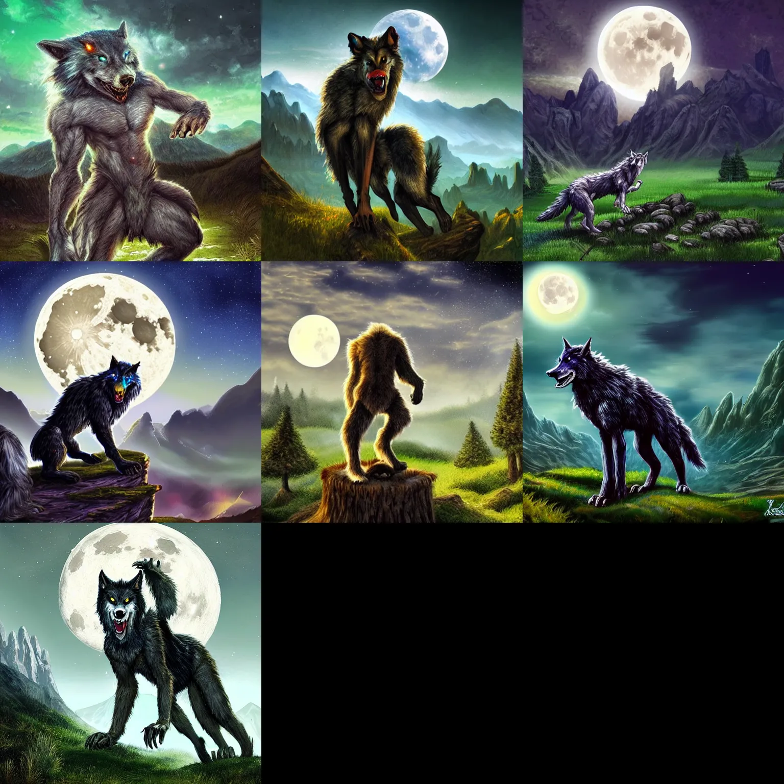 Prompt: werewolf wearing scalemail,fantasy art,green sky,full moon,mountains in the distance,