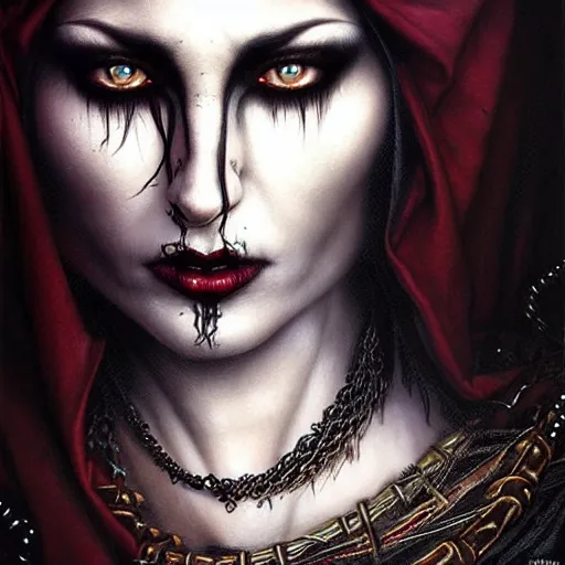 Image similar to portrait of a gypsy queen grim dark, dark, piercing eyes, exotic expression, esoteric clothing, photorealistic, highly detailed, mysterious lighting, artstation, smooth, sharp focus, art by michael whelan, artgerm, greg rutkowski and luis royo