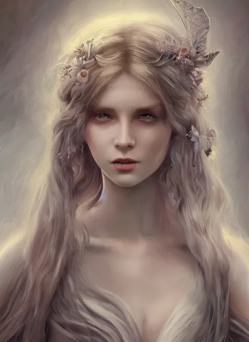 Image similar to pale, beautiful fairy spirit with long hair, fantasy, elegant, concept art, sharp focus, beautiful face!!, digital art, Hyper-realistic, 4K, Unreal Engine, Highly Detailed, HD, Dramatic Lighting, Beautiful, by Brom, trending on Artstation