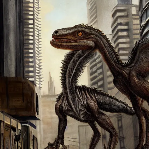 Prompt: An artwork of a velociraptor in a dystopian city, paleo art, brutalism