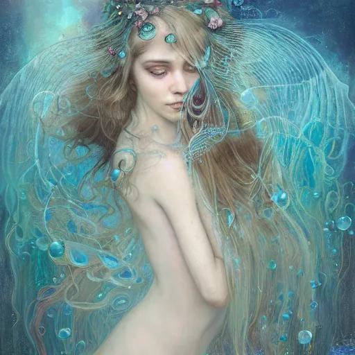 Image similar to Beautiful Delicate Detailed portrait of a mermaid With Magical green Eyes by Tom Bagshaw, Bastien Lecouffe Deharme, Erik Johansson, Amanda Sage, Alex Grey, Alphonse Mucha, Harry Clarke, Josephine Wall and Pino Daeni, Delicate water creature siren With long blue Hair and Magical Sparkling Eyes, Magic Particles; Magic Swirls, 4K; 64 megapixels; 8K resolution concept art; detailed painting; digital illustration; hyperrealism; trending on Artstation; Unreal Engine Photorealistic, lifelike, Unreal Engine, sharp, sharpness, detailed, 8K