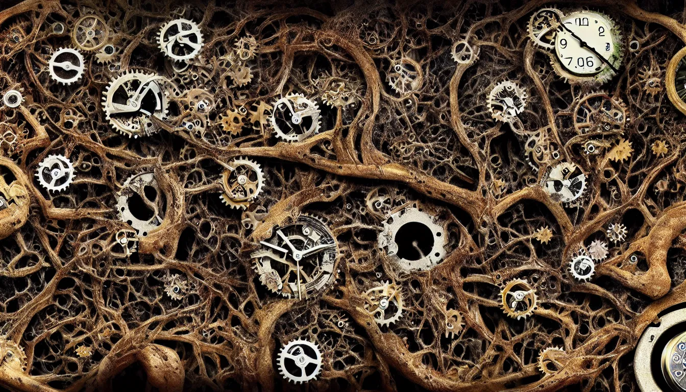 Image similar to detailed view from inside wet ink a clockwork watch bone landscape, entangled roots covered in mushrooms, cracked earth, growing living spore microorganisms, decaying skeletons, rusty, hyper realistic photo, full colour, upscale, 8 k