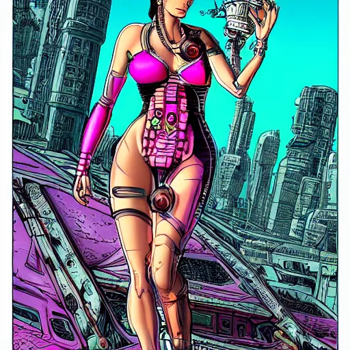 Prompt: precisely drawn illustration of the goddess aphrodite as a cyberpunk android, wide angle, sharp, fine details, french comic style, vibrant realistic colors, full color, heroic fantasy, intense line art, 8 k, precise linework, realistic, in the style of heavy metal comics and richard corben and moebius