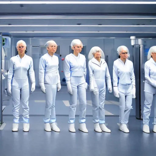 Image similar to line of six identical athletic female clones in formation, white hair, tight light blue neopren suits, elevated conveyor belt, futuristic chemistry lab, sci - fi, highly detailed, cinematic