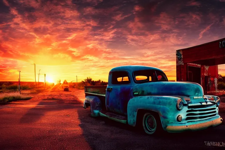 Image similar to a sunset light landscape with historical route 6 6, lots of sparkling details and sun ray ’ s, blinding backlight, smoke, volumetric lighting, colorful, octane, 3 5 mm, abandoned gas station, old rusty pickup - truck, beautiful epic colored reflections, very colorful heavenly, softlight