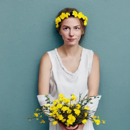 Prompt: a portrait of beautiful nordic woman wearing a white folkdrakt dress. wearing headband of small yellow flowers. teal blue background