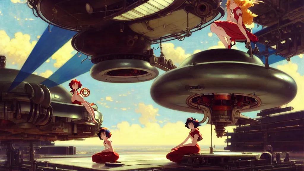 Image similar to a film still of a 1 9 5 0's mechanic anime girl with high detailed face sitting on top of flying ufo landing in hangar of giant ufo spaceship, trending on pixiv fanbox, painted by gaston bussiere, makoto shinkai, akihiko yoshida, gaston bussiere, craig mullins