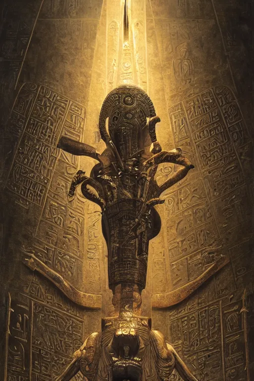 Prompt: portrait of egyptian god horus, gold, pyramids, hieroglyphs, by hr giger, greg rutkowski, luis royo and wayne barlowe as a diablo, resident evil, dark souls, bloodborne monster