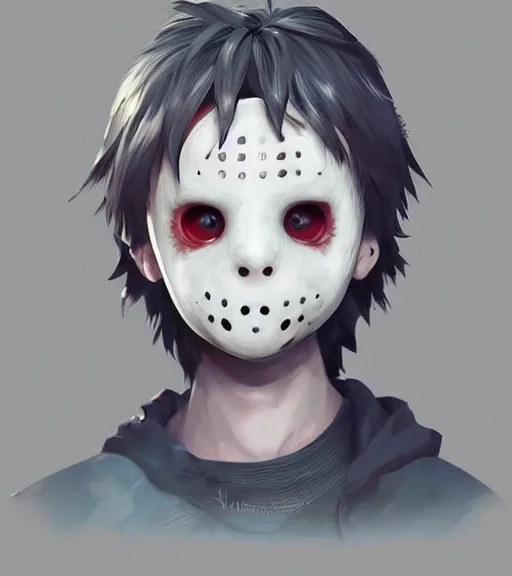 Image similar to beautiful little boy anime character inspired by jason voorhees, art by rossdraws, wlop, ilya kuvshinov, artgem lau, sakimichan and makoto shinkai, concept art, anatomically correct, extremely coherent, realistic, mask, smooth hd, 8 0 s haircut