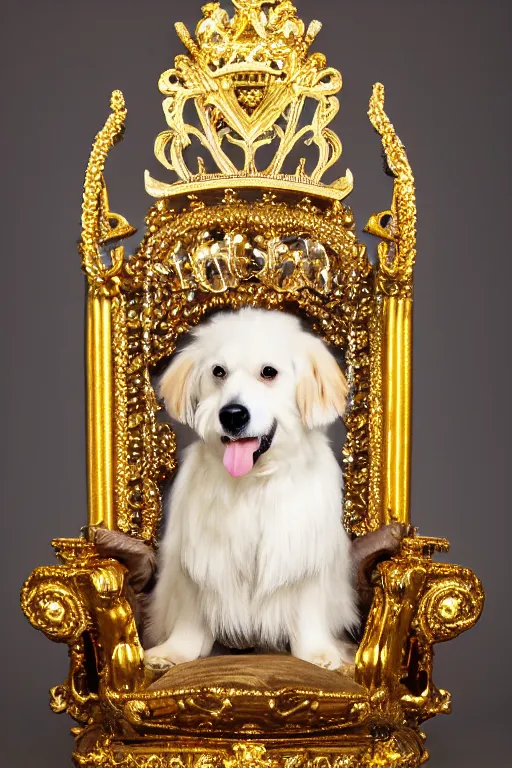 Image similar to a dog sitting on a gold throne with a crown on its head, photography