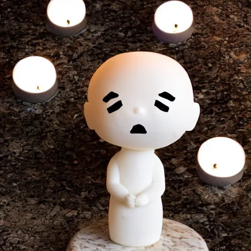 Image similar to a white marble statue of reddit snoo surrounded by lit candles