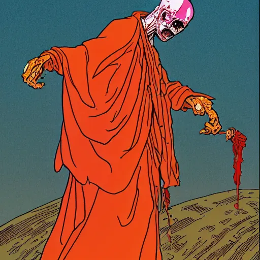Prompt: zombie draped in orange monk clothing, drawn by jean giraud and moebius, flat colors