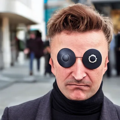 Prompt: man with eye patch in town for... business