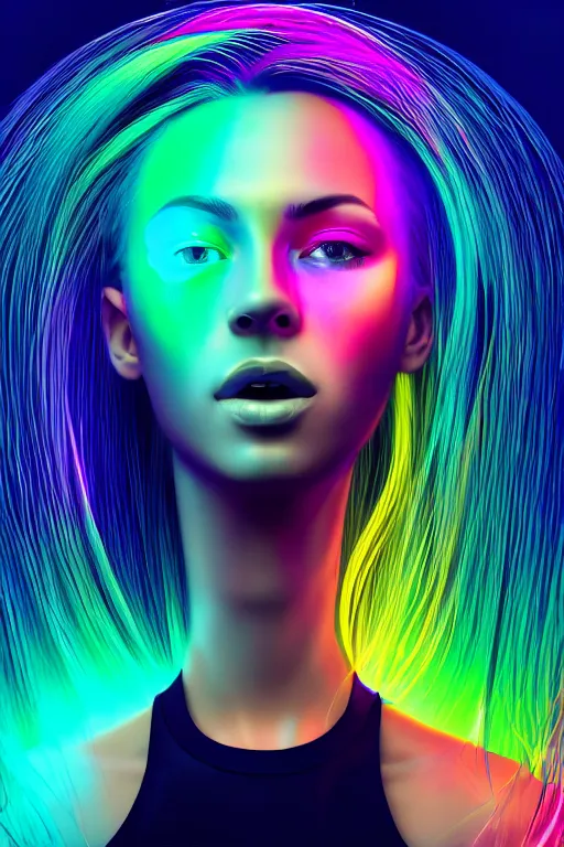 Image similar to a award winning half body portrait of a beautiful woman with stunning eyes in a croptop and cargo pants with rainbow colored ombre hairstyle head in motion and hair flying singing by thomas danthony, outlined by whirling illuminated neon lines, outrun, vaporware, shaded flat illustration, digital art, trending on artstation, highly detailed, fine detail, intricate