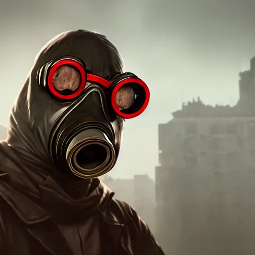 Prompt: hooden villain wearing a gas mask with red goggles, smoke coming out of his cloak, dark background, unreal engine 5, ultra realistic, detailed, fog, by greg rutkowski