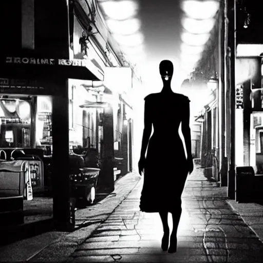 Prompt: noir cinematic portrait of bride of frankenstein as a replicant in a busy street at night, sleepy, frightened and angry, still from the movie ex machina, a neon sign is in the background