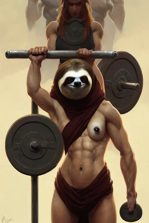 Image similar to anthro sloth lifting weights, dim dingy gym, dynamic pose, fantasy, intricate, elegant, highly detailed, digital painting, artstation, concept art, matte, sharp focus, illustration, art by artgerm and greg rutkowski and alphonse mucha