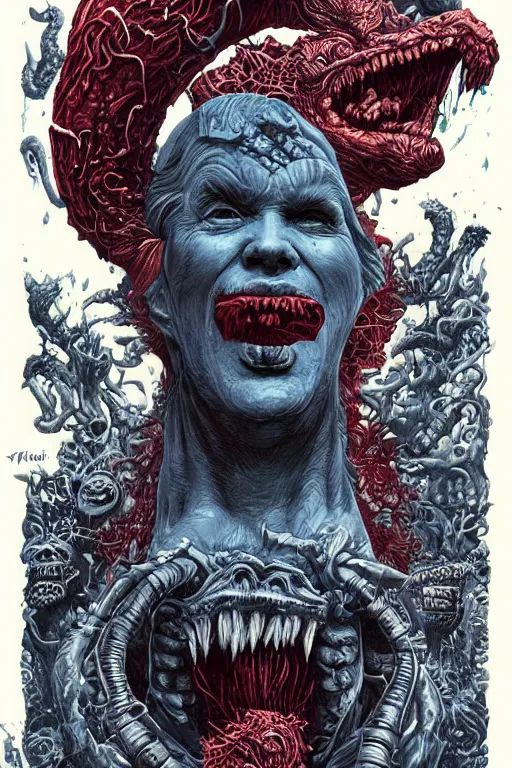 Image similar to donald trump as a disgusting monster consuming the world, horror, high details, intricate details, by vincent di fate, artgerm julie bell beeple, 90s, inking, vintage 90s print, screen print